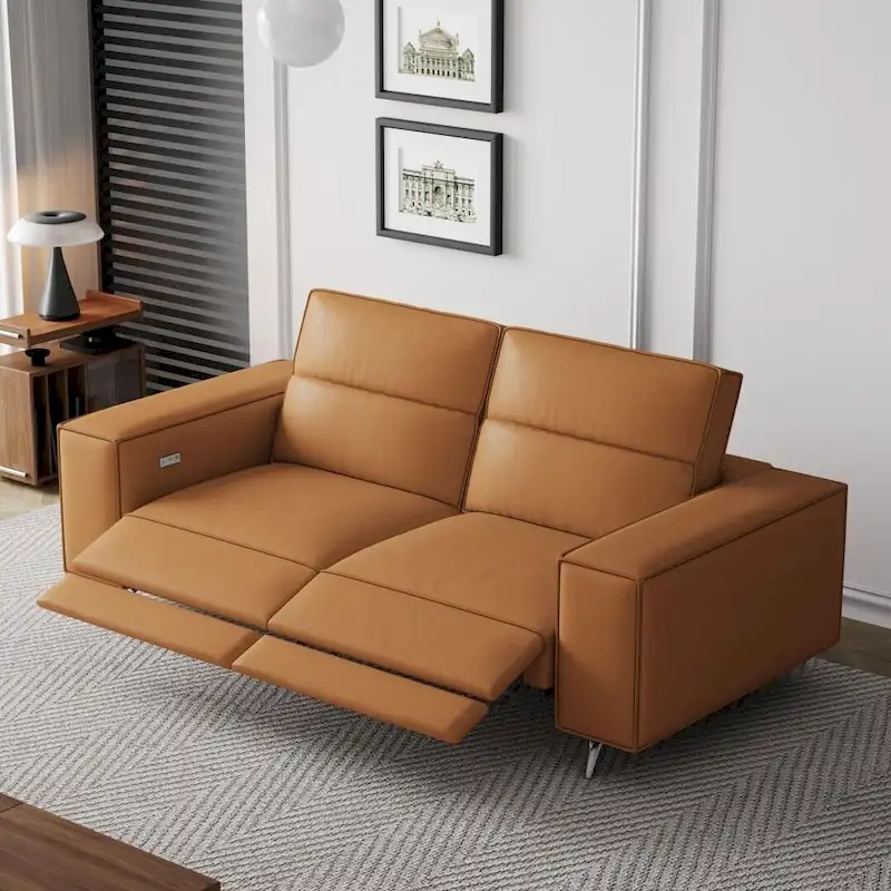 Orange Modern Leather Power Recliner Sofa with Ergonomic Design - Fits 3 People