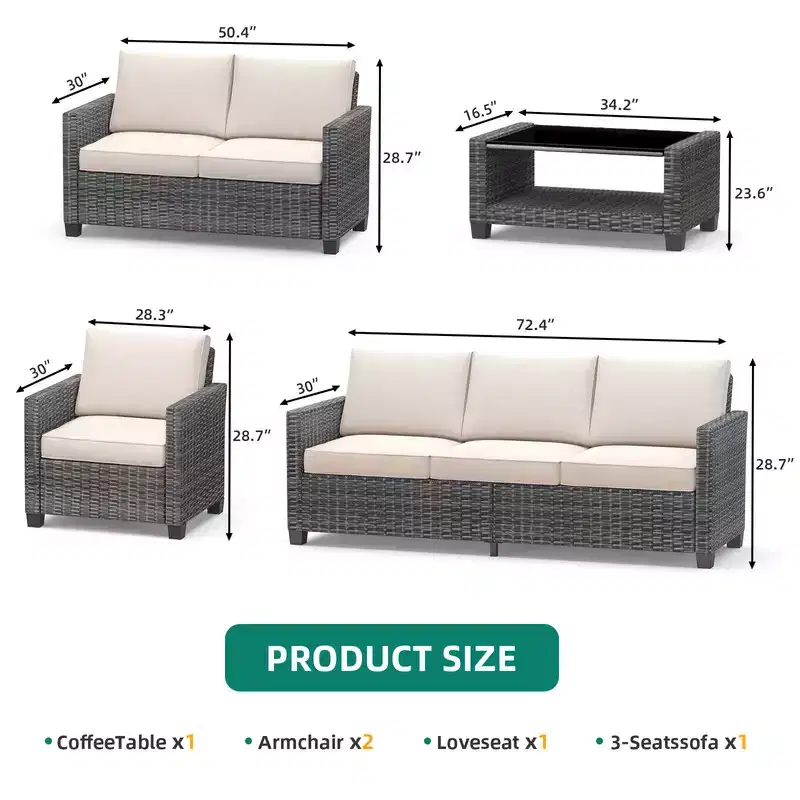 5-Piece Patio Wicker Conversation Sofa Set with Coffee Table,Rattan Sofa Chair with Cushion