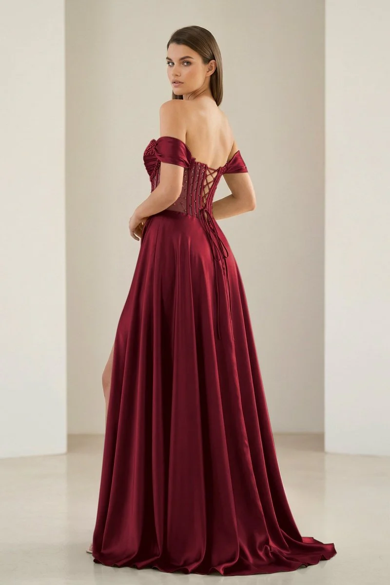 Sage Off The Shoulder A Line Satin Beaded Prom Dresses With Slit