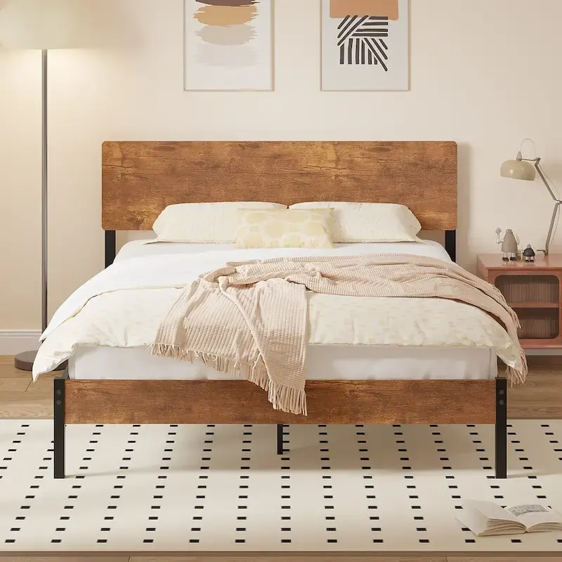 Elegant Iron Queen Bed Frame with MDF Headboard & Footboard - Modern Industrial Style