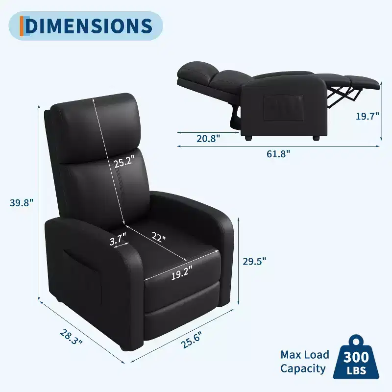 Recliner Chair, Leather Lazy Recliner Ergonomic Adjustable Single Sofa Enhanced with Side Pocket, Tall Back, Wide Arms & Padded Seat for Living Room