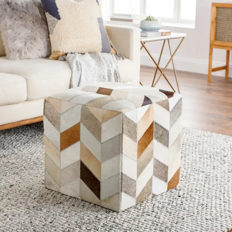 Cattle Range Leather Cowhide Cube Pouf Ottoman