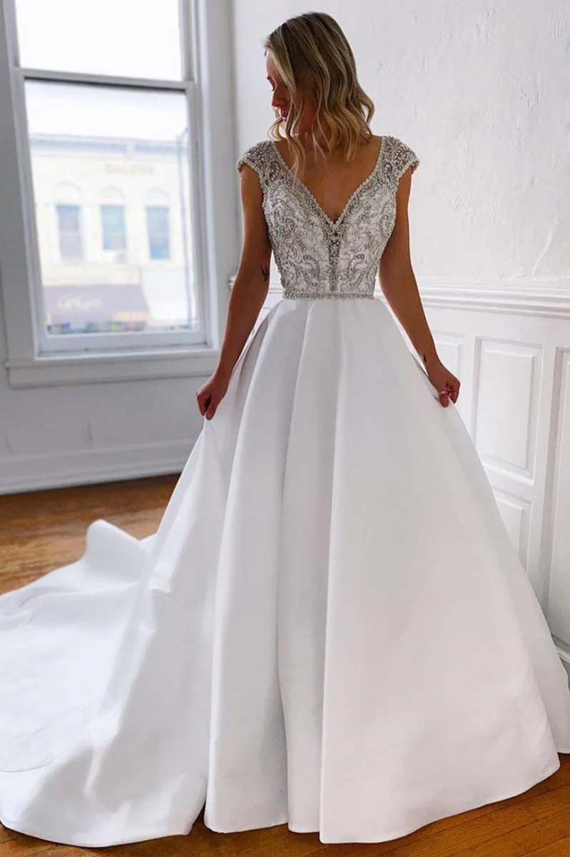 A-Line V-Neck Long White Wedding Dress with Silver Beads