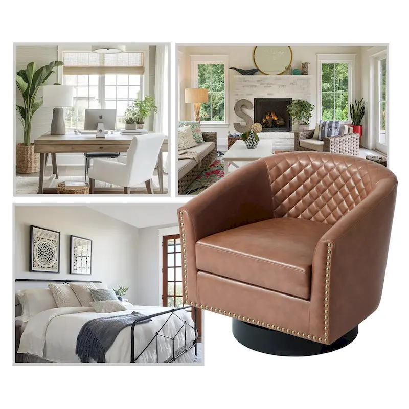 Faux Leather Nailheads Swivel Barrel Chair Set of 2