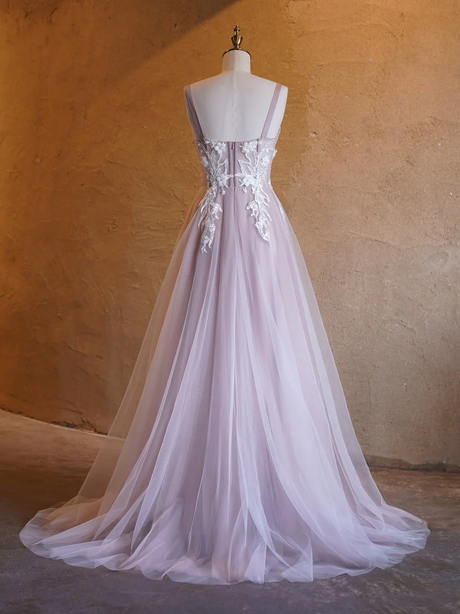 Lavender A-line Sweetheart Neckline Tulle Sweep Train Prom Dress