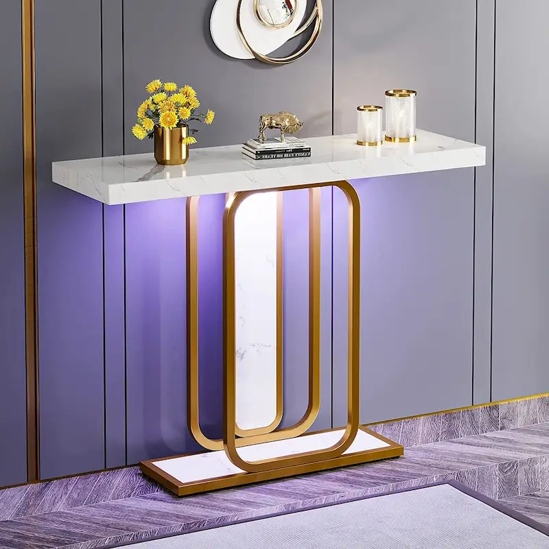 41.3 Console Table with LED Lights, Modern Gold White Entryway Hallway Accent Table