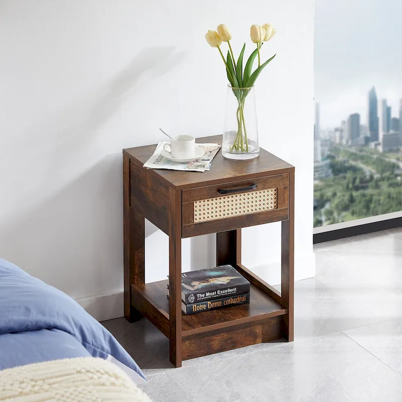 15.75 Rattan End table with drawer, Modern nightstand, side table for living roon, bedroom,natural