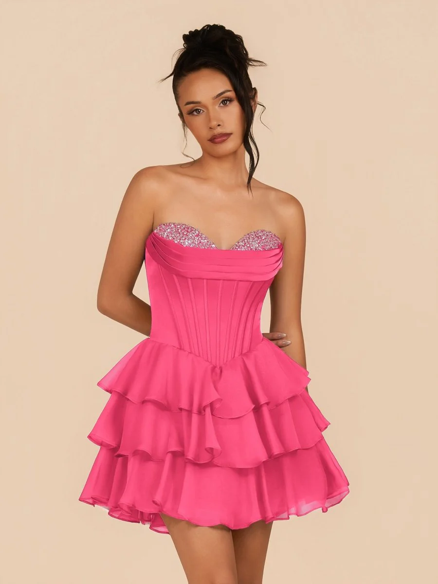Hot Pink - Strapless A Line Ruffles Homecoming Dress With Beading