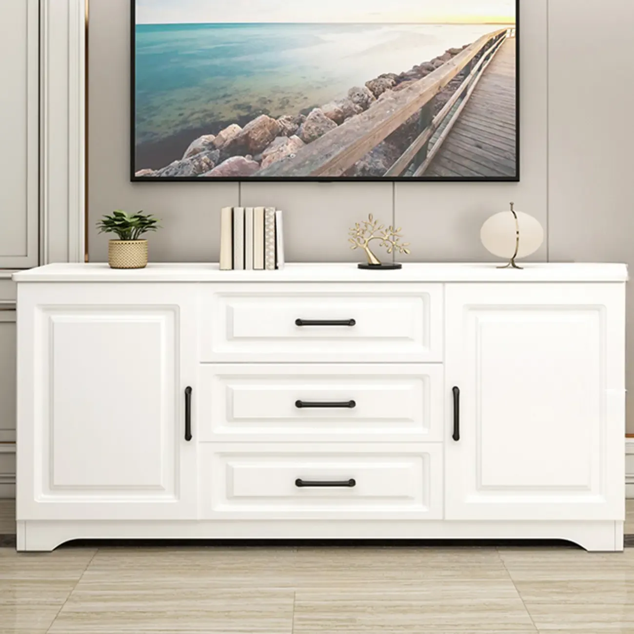 Modern Rectangular White 3-Drawer Wooden TV Stand