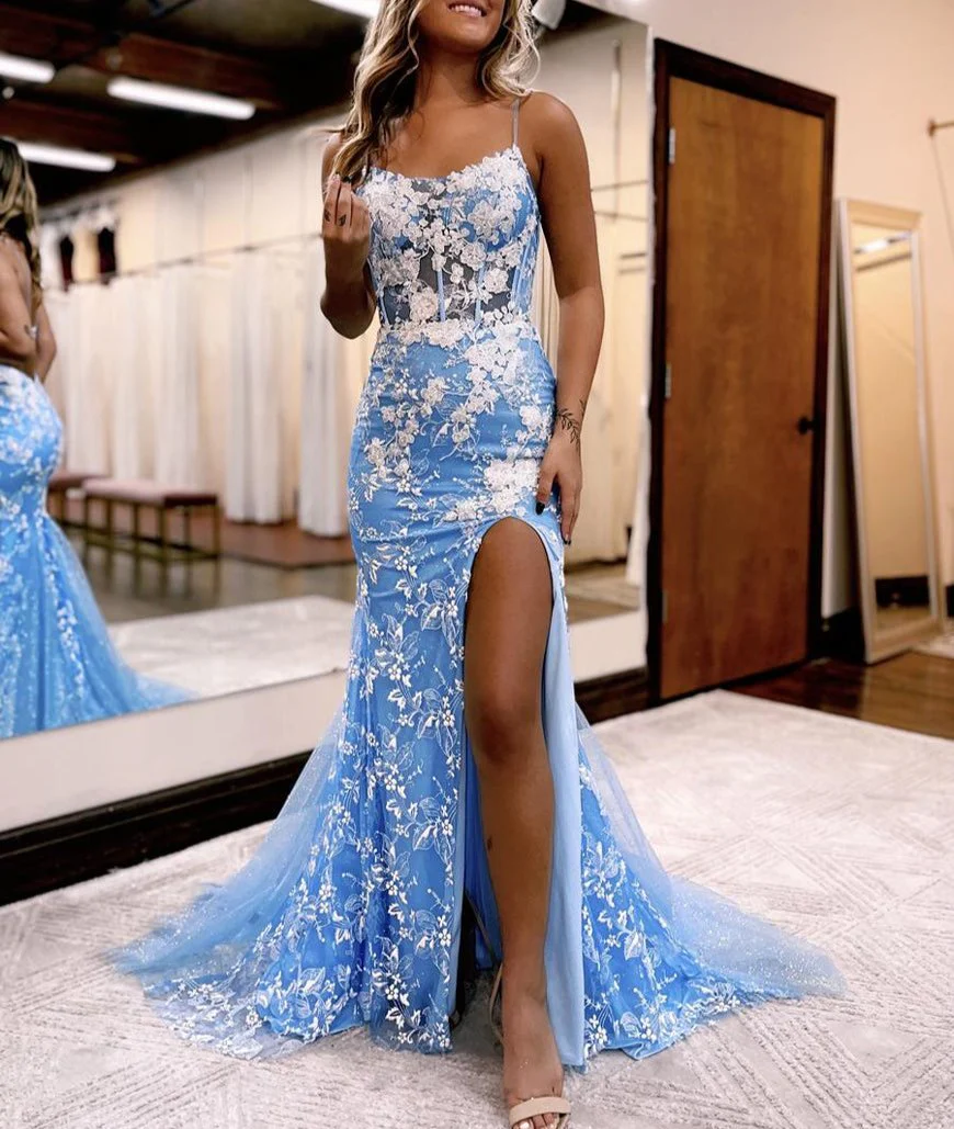 Mermaid Spaghetti Straps Lace Tulle Prom Dress with Slit