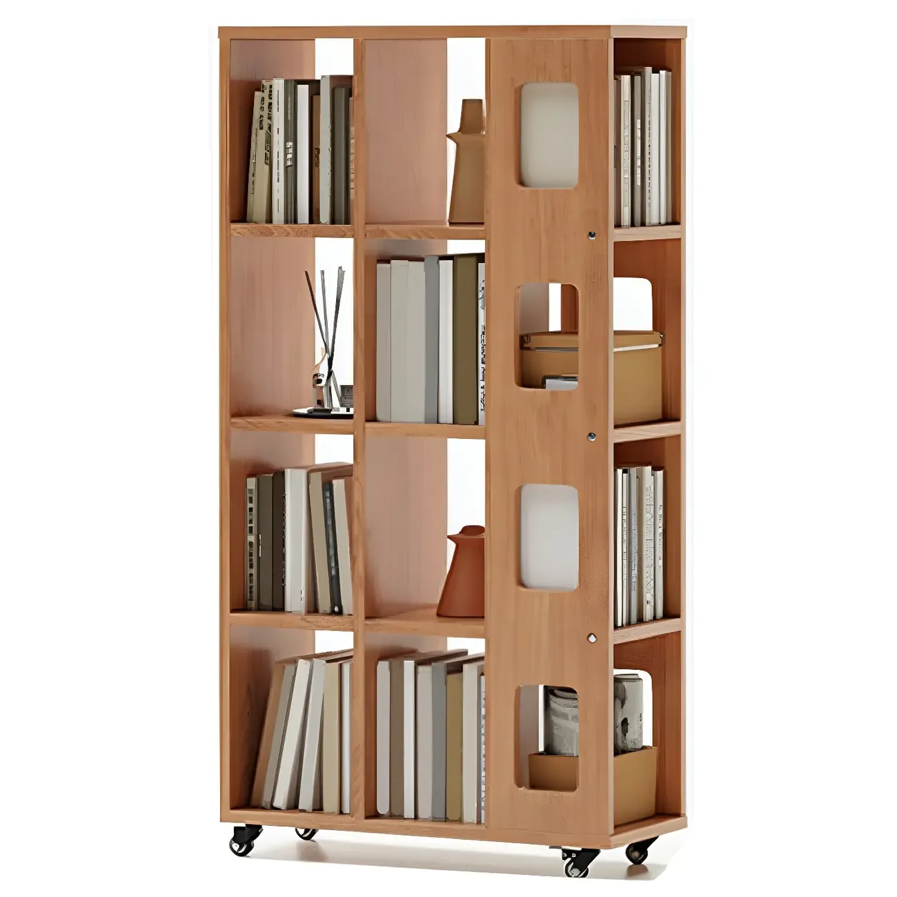 Mid-Century Nut-Brown Wood 5-Tier Bookcase on Wheels