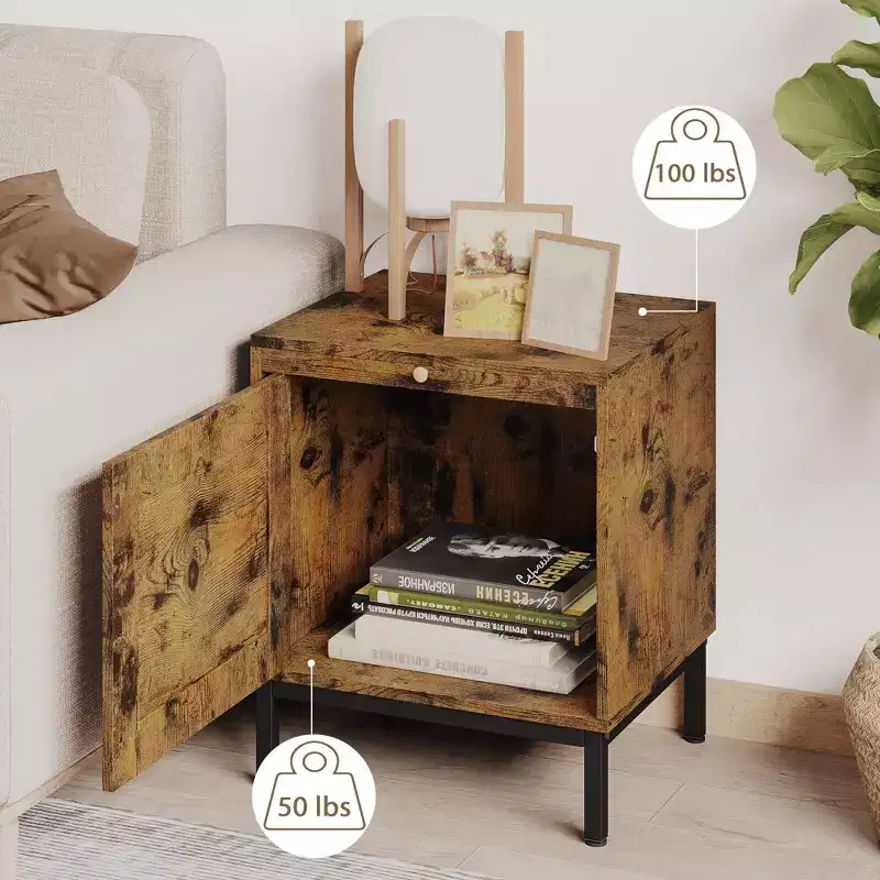 Nightstand Set of 2 End Table - Rattan Modern Farmhouse with Storage Cabinet, Metal Legs, Rustic Side Table for Living Room Bedroom (Brown+Black)