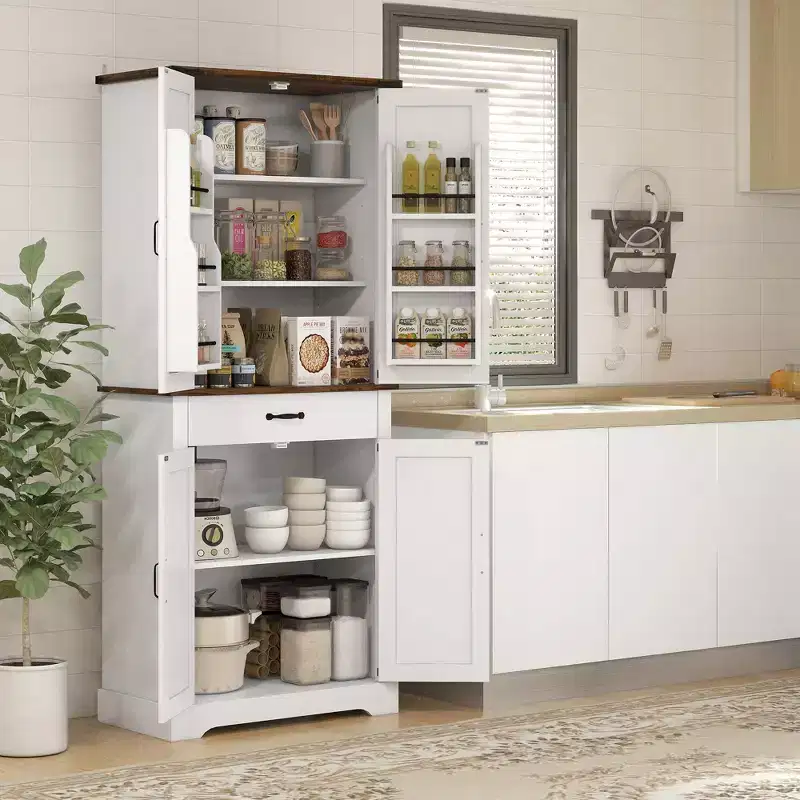 HOMCOM Tall Kitchen Pantry Cabinet, Farmhouse Storage Cabinet with Barn Doors, 6 Door Shelves, Drawer, Adjustable Shelves, Freestanding Cupboard