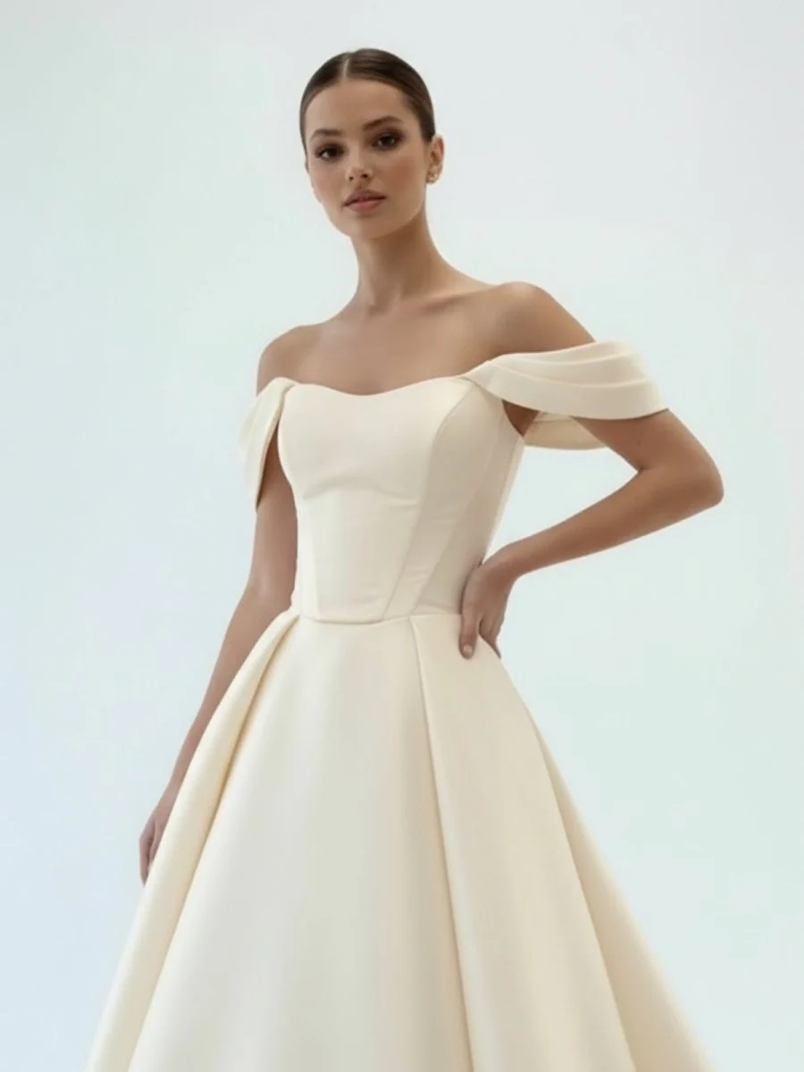 Elegant A-Line Off the Shoulder White Satin Wedding Dresses