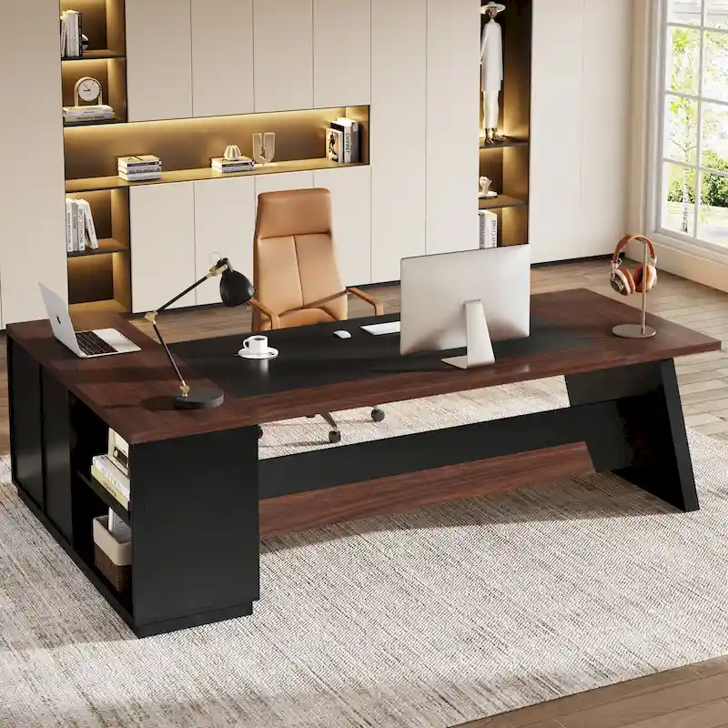 L-Shaped Executive Desk with File Drawer & Open Shelves – Walnut+Black / Grey+Black, 2-Tier Storage, 1 Person