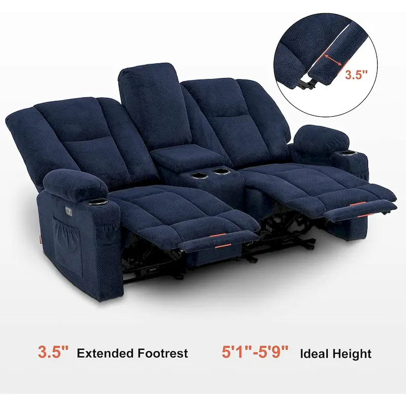 Electric Power Reclining Sofa with Massage and Lumbar Heat, Fabric
