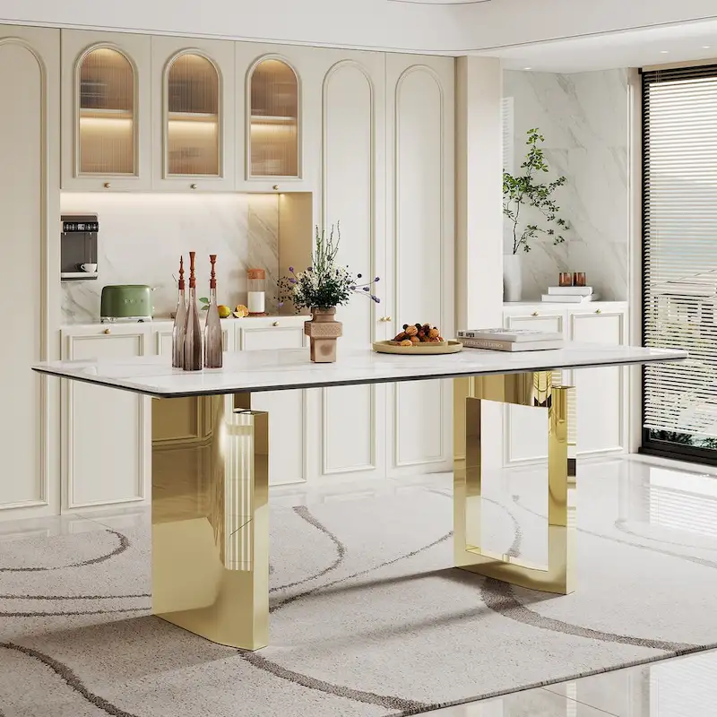 0.47 Thick Sintered Stone Composite Tempered Glass Top Rectangular Dining Table with Stainless Steel Base