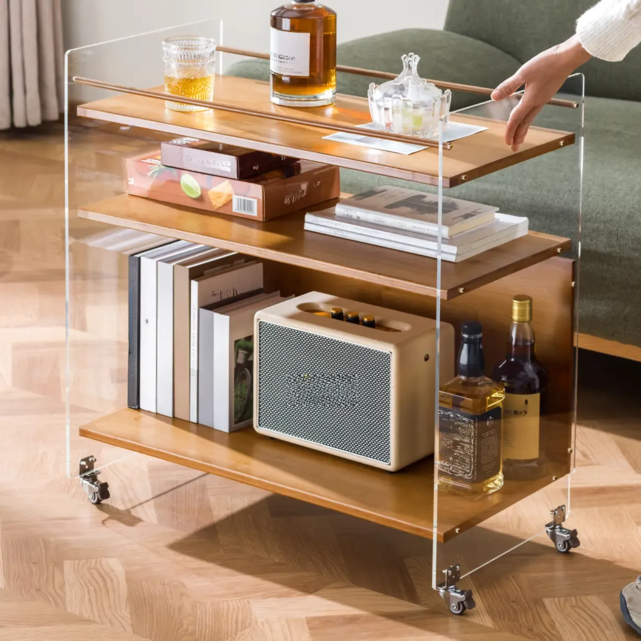 Trendy Moso Bamboo Acrylic 3-Shelf Side Table with Wheels