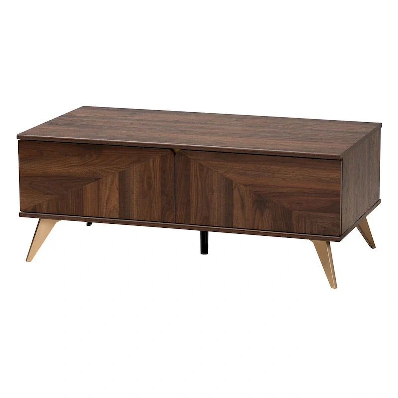 Mid-Century Modern Transitional Walnut Brown Finished Wood 2-Drawer Coffee Table