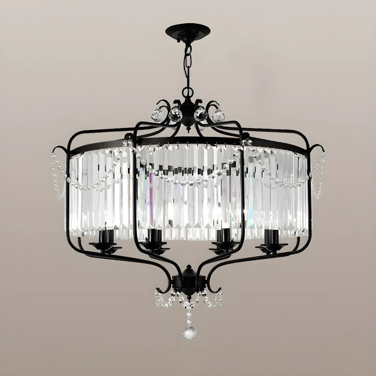 Modern Black Round Cylinder Metal Cage Crystal Chandelier
