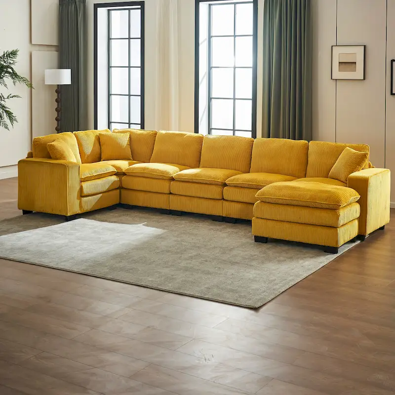 Yellow 118.1  Luxurious U-Shaped 6-Seat Sectional Sofa with Ottoman and 3 Throw Pillows in Durable Corduroy