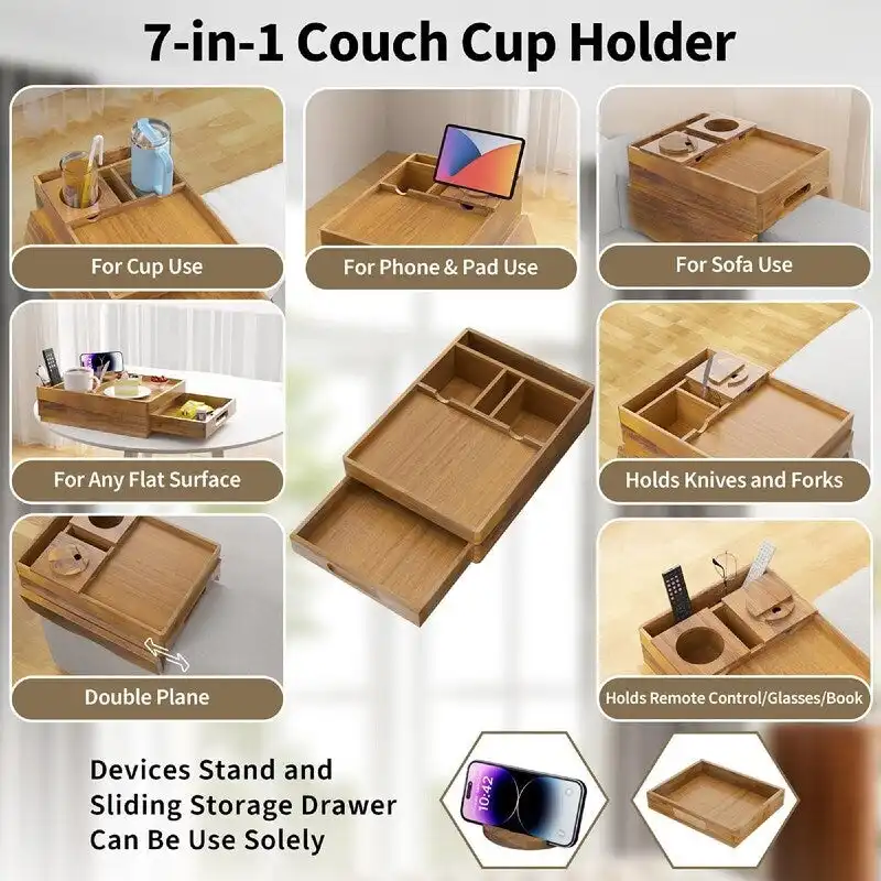 Brown Wooden Sofa Armrest Tray with Cup Holders - Multi-Person Use