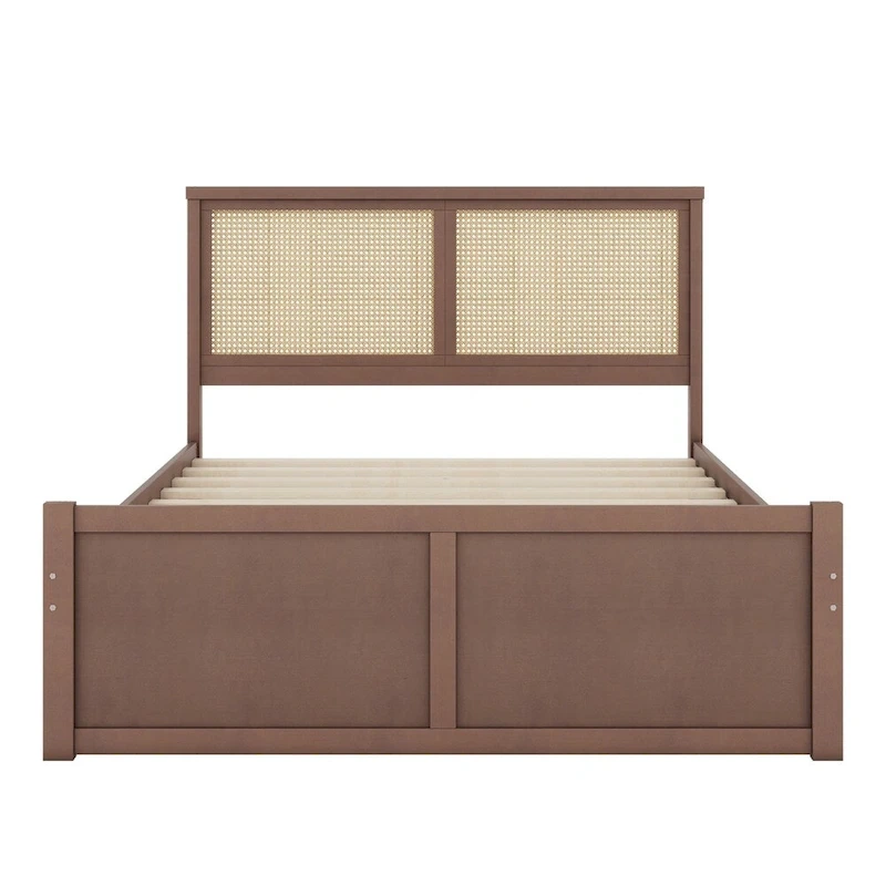 Queen Size Wood Storage Platform Bed with 4 Drawers, Rattan Headboard