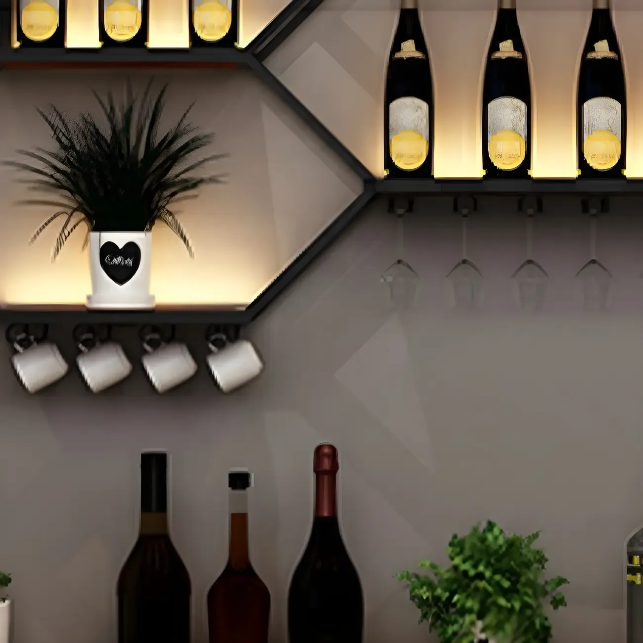 Black Metal Wall-Mounted Lighted Wine Rack