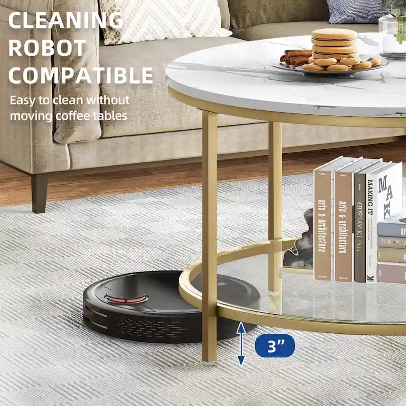 White Marble Pattern Round Coffee Table with Glass 2-Tier Circle Gold Frame