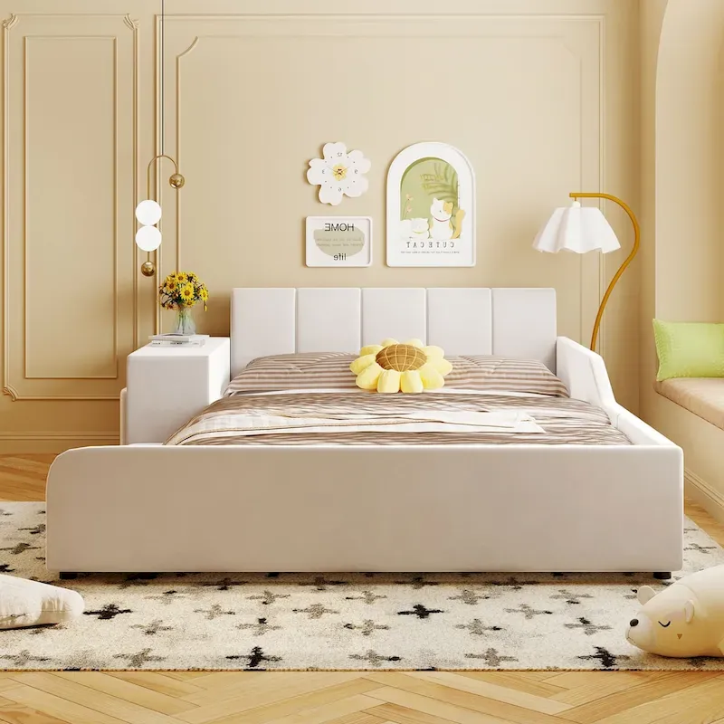 Beige / Grey / Pink Velvet Low-Profile Full Size Platform Bed with Bedside Desk & Round Stool, 2-Person