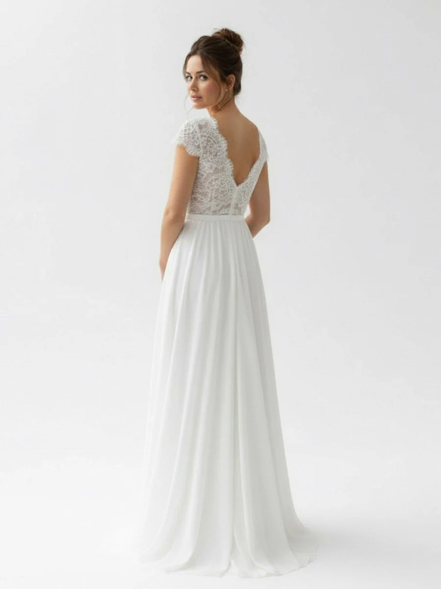 Boho See Through Lace V-Neck A-Line Chiffon Wedding Dress