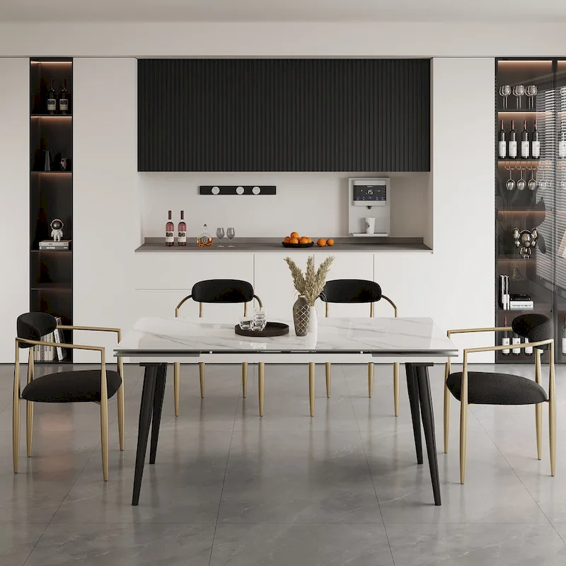 7 - Piece Extendable Sintered Stone Dining Table Dining Set With 6 Fabric Chairs