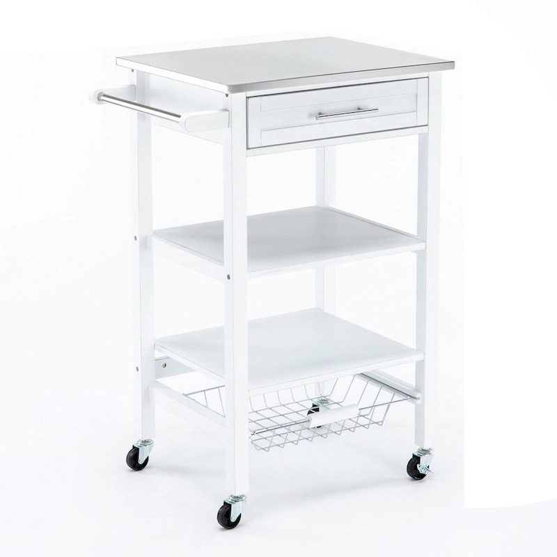 Kitchen Cart with 2 Wooden Shelves and 1 Drawer, White