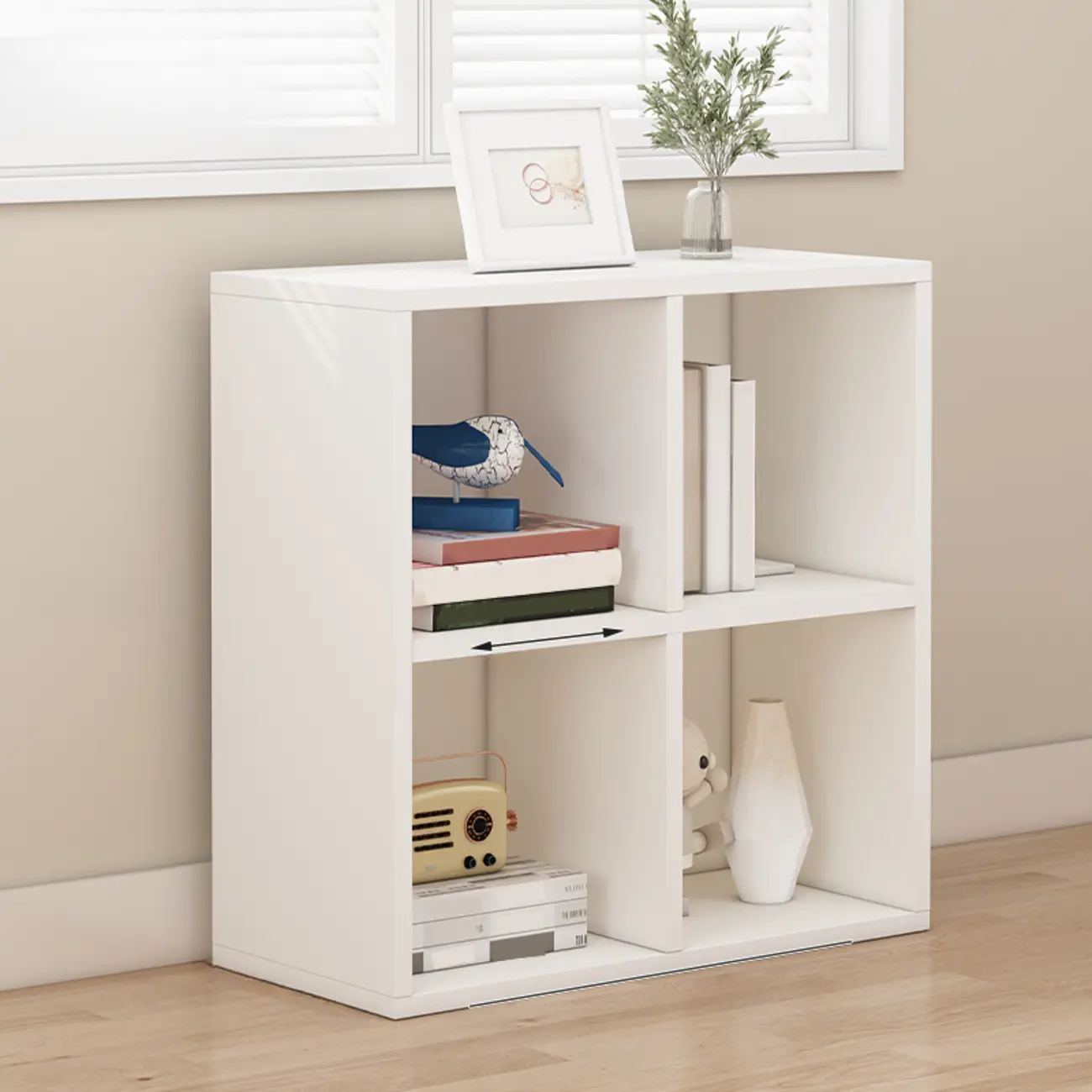 Minimalist White/ Natural Finish Wood Low Cube Bookcase