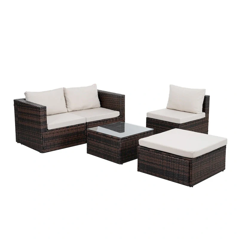 5 Set Wicker Furniture With Tempered Glass Coffee Table