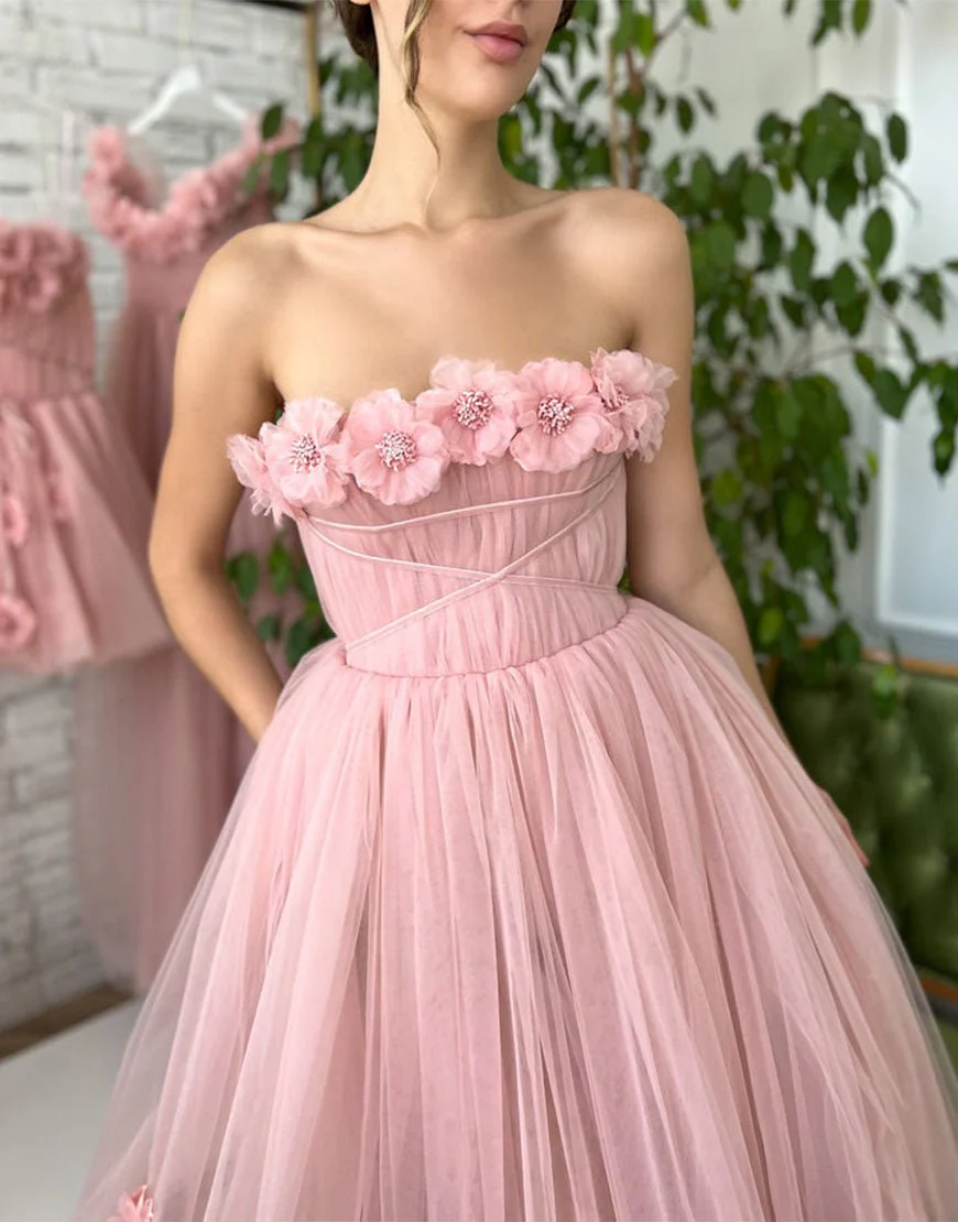 Princess Strapless Light Pink Prom Dress with Flowers
