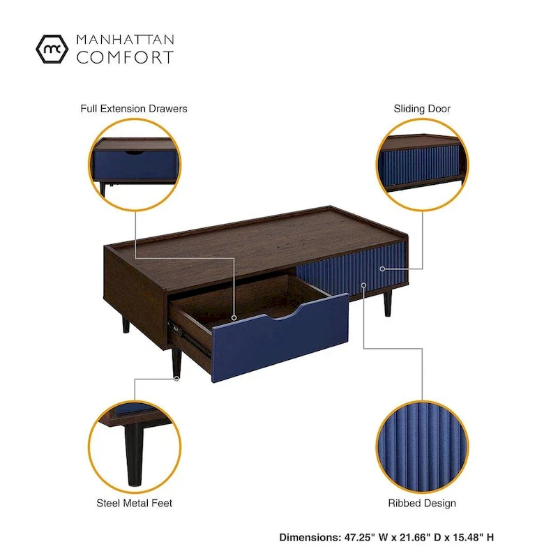 Modern Ribbed Coffee Table with Drawer and Shelf