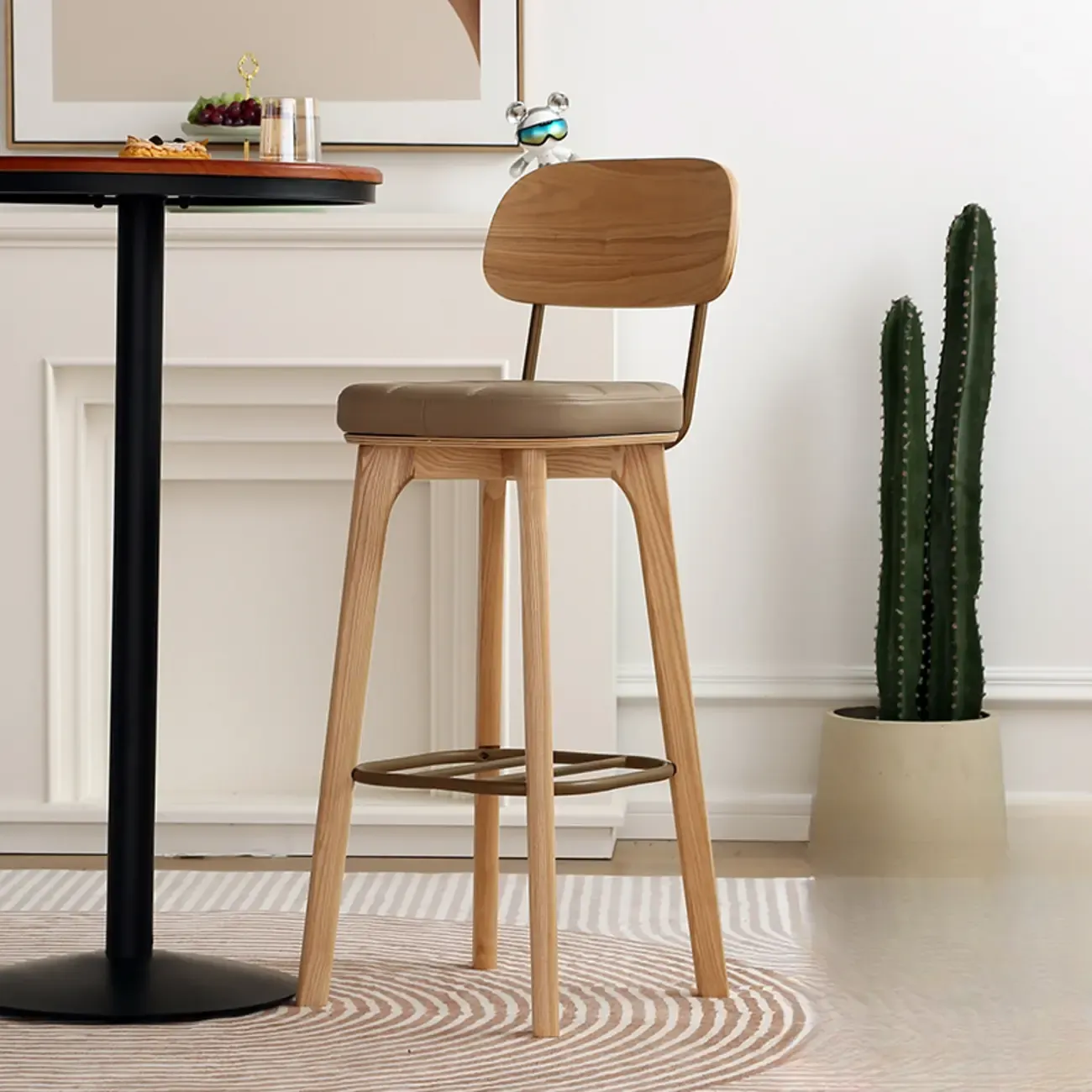 Wooden Square Leather Upholstered Bar Stool with Backrest