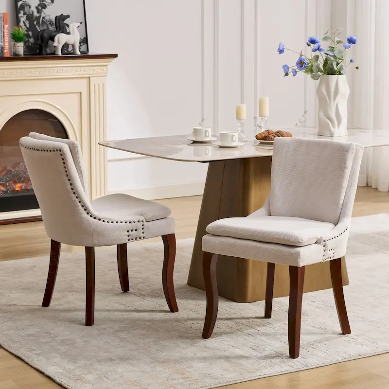 Double-layer Cushioned Dining Chairs Set of 2 Chenille Mid-Back Chair with Nailhead Trim Side Chair with Bent Wood Legs
