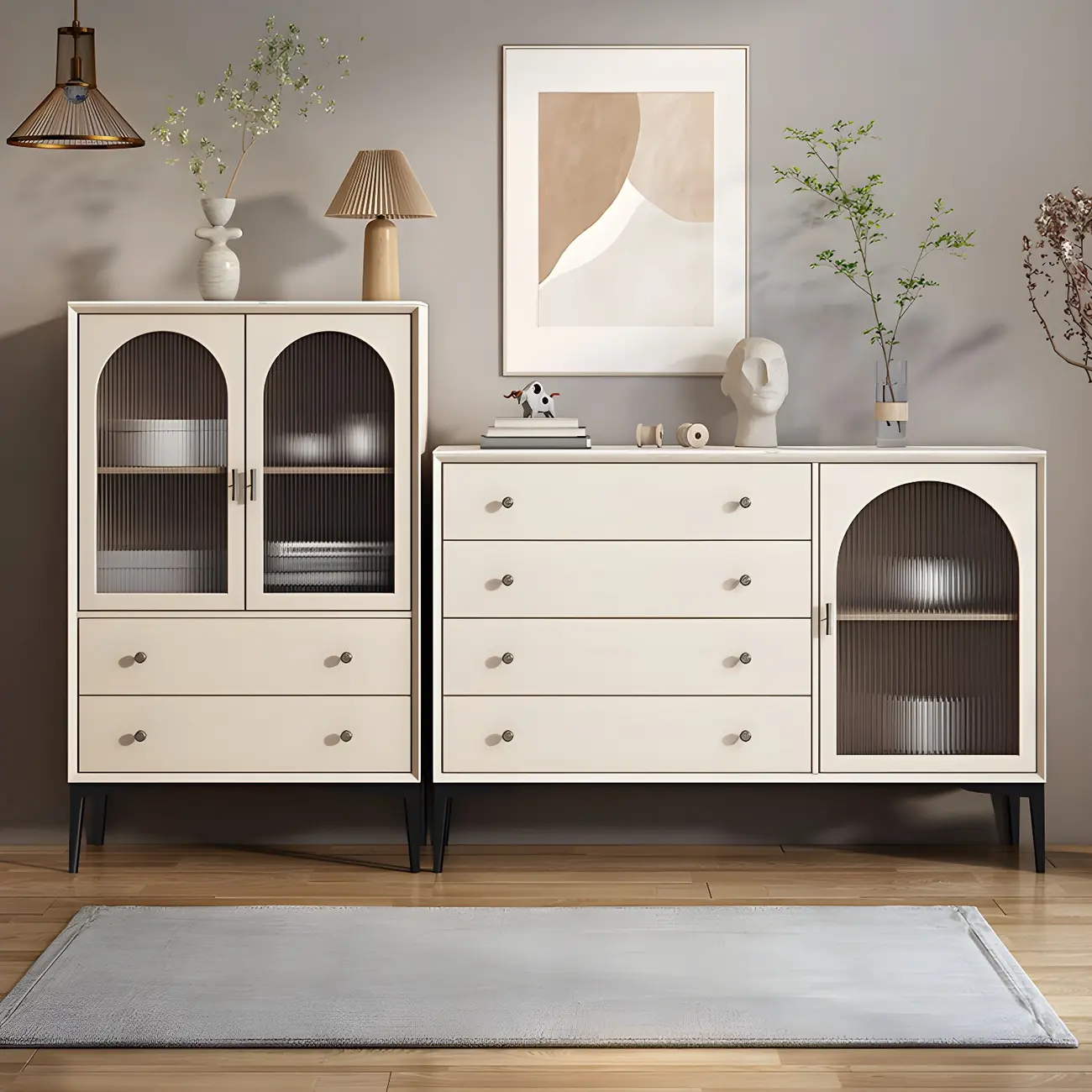 White Wood Arched Glass Door China Cabinet with Drawers