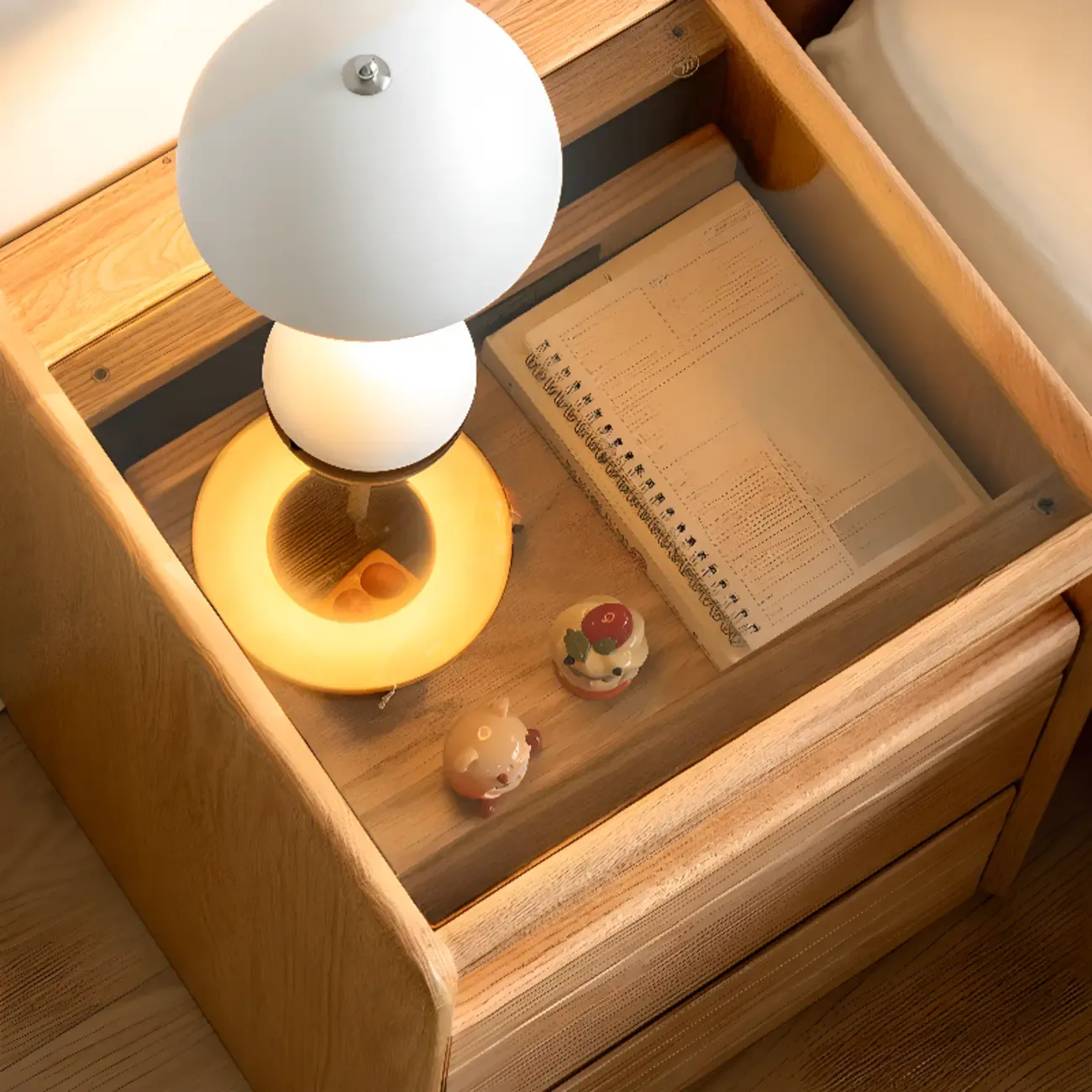 Natural Wooden Multi-Drawer Nightstand with Glass Top