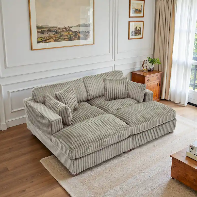 Light Brown / Grey / White / Green Plush Corduroy Modular Sectional Sofa with Chaise, 2–4 Person