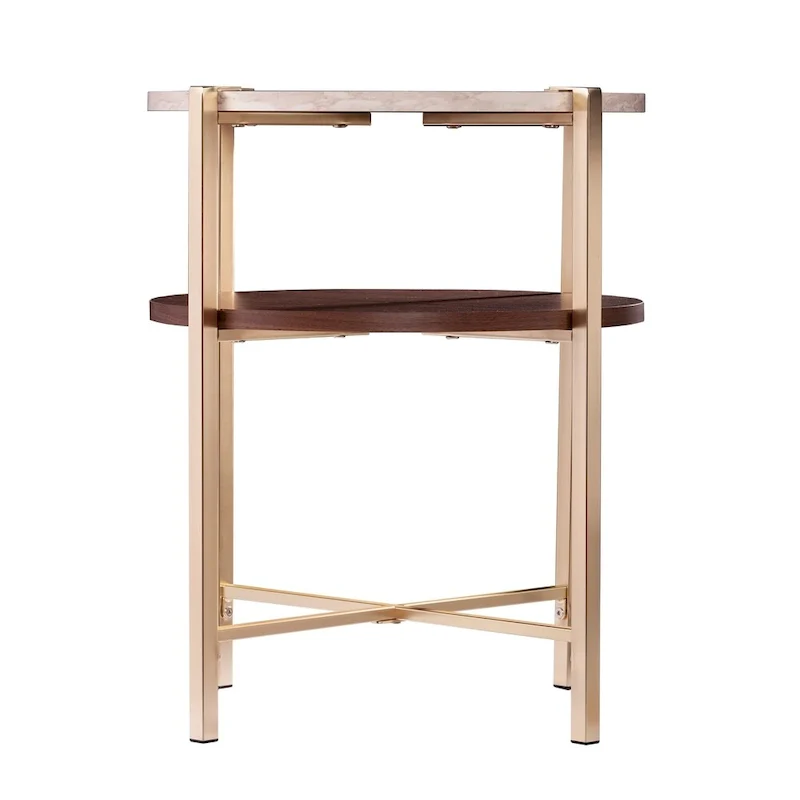 White/Brown Round Two-Tier Side Table with Faux Marble Top & Wood Shelf