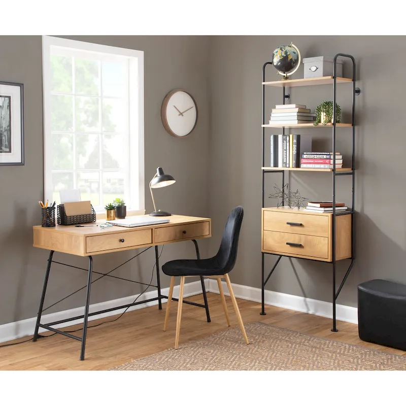 Brown Wood & Black Metal Industrial Style Desk with Pull-Out Drawer