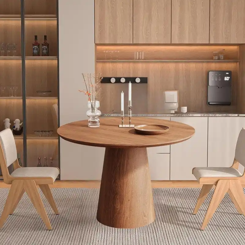 Round Dining Table - Natural Wood Grain, Pedestal Base, Seats 4-6