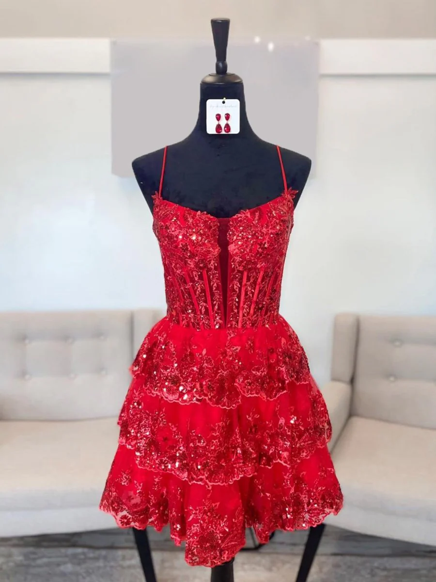 Red - Spaghetti Straps A-Line Tulle Ruffle Tiered Homecoming Dresses With Appliques
