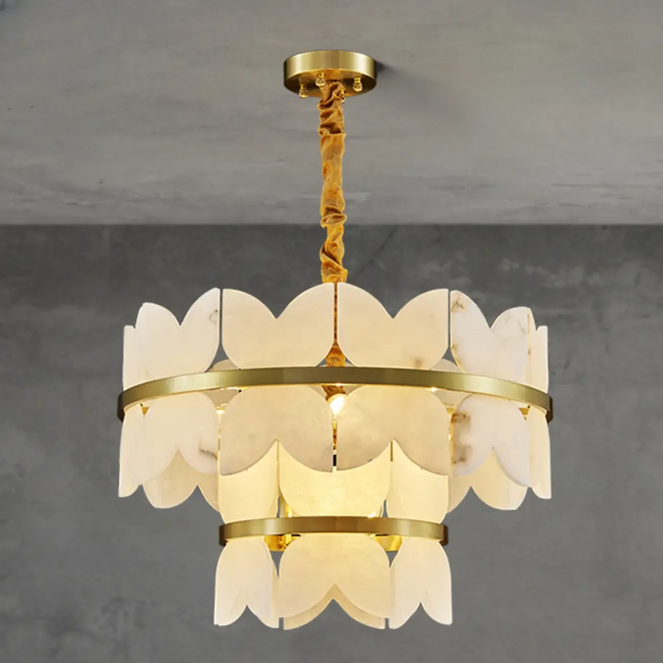 Luxurious Round Gold Tiered Alabaster Chandelier