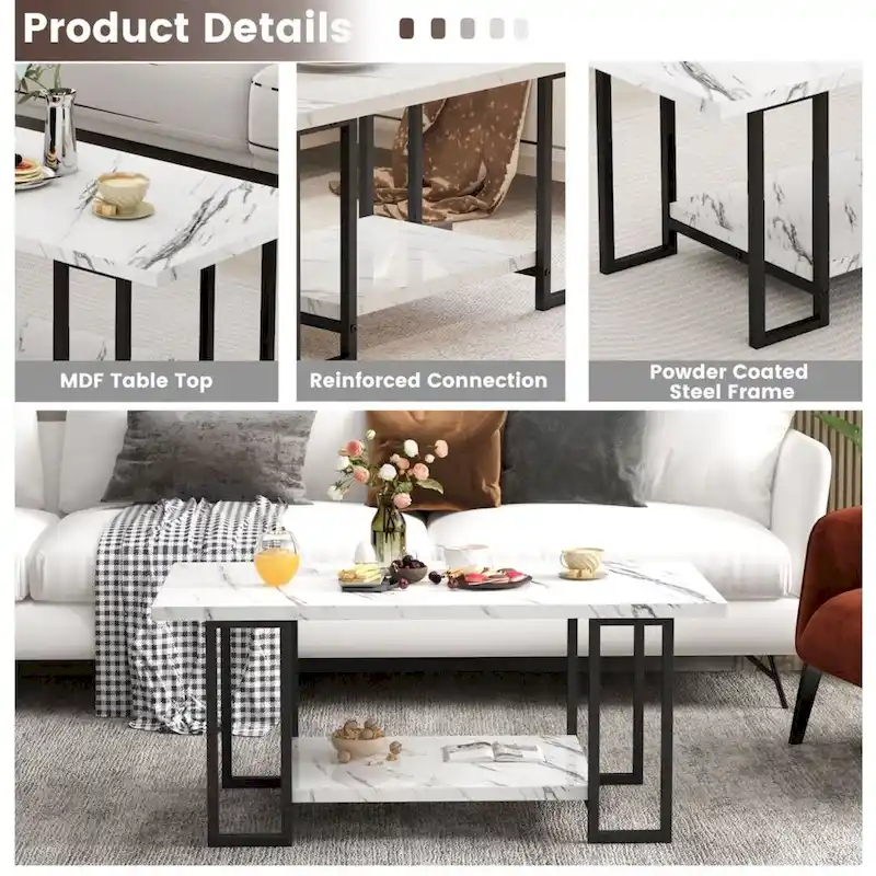 Mieres 39  Wide 2-Tier Faux Marble Top Coffee Table with Steel Frame