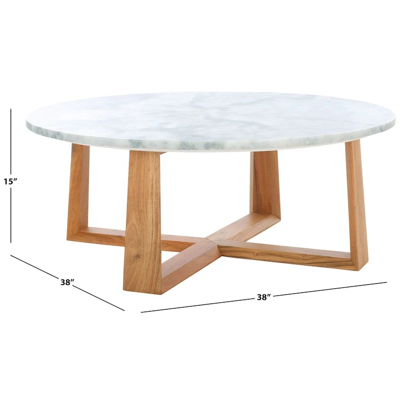 Round Marble Top Coffee Table with Acacia Wood Legs – White/Natural / White/Black