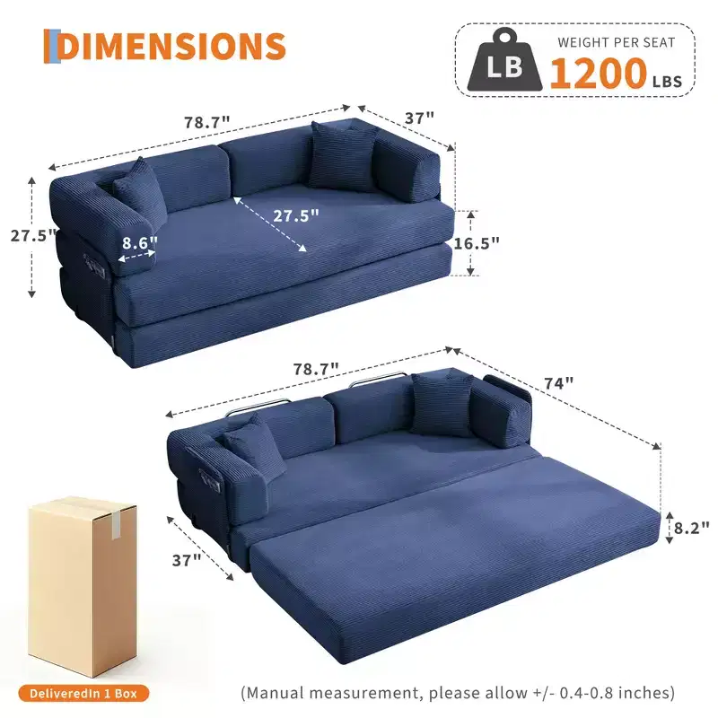 Multi-Functional Convertible Sofa Bed - 78.8'' 5-in-1 Corduroy Floor Sleeper with Adjustable Armrest & Backrest, Space-Saving Design with Pillows